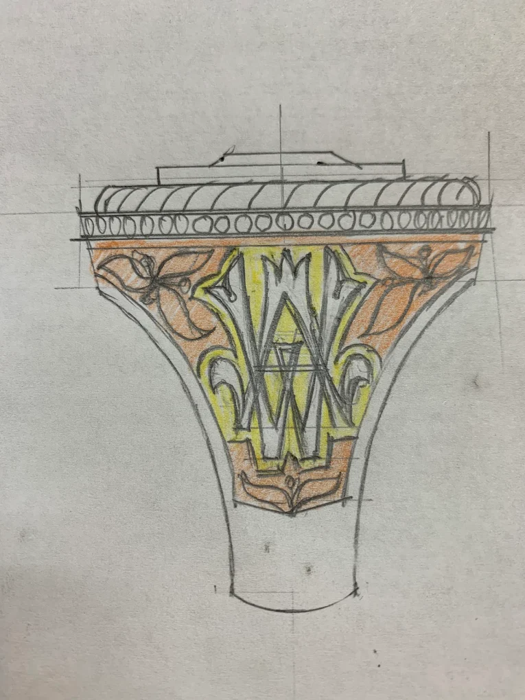 Original colored ring sketch showing decorative shoulders and ornamental lettering